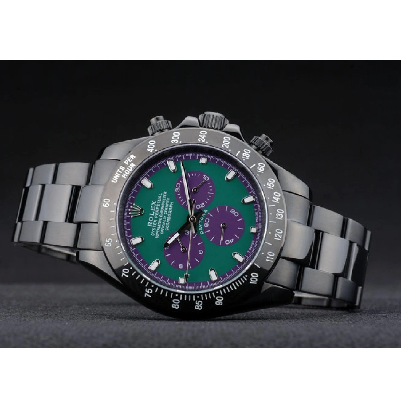 Aaa replica Plated Steel Daytona Stainless 80246 Black Rolex Ion Black Tachymeter Green Strap Dial 0710